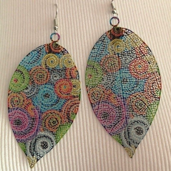Large Filigree Colorful Swirl Leaf Drop Earrings Pierced NEW - Picture 5 of 7